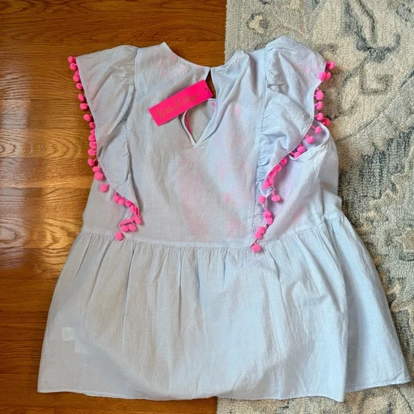 NWT Lilly Pulitzer Light Blue Raquelle Top with Pink Pom Trim - Picture 6 of 7